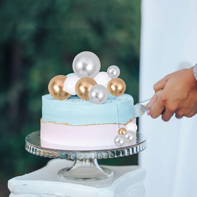 Gyufise 30Pcs Balls Cake Topper Foam Ball Cake Picks Mini Balloon DIY Cake Insert Topper Decoration for Baby Shower Wedding Anniversary Kids Birthday Party Cake Decorations Gold Silver White