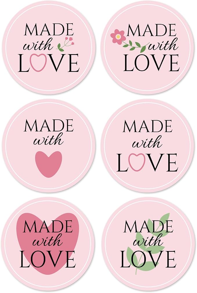 300pcs 1.75" Made with Love Round Gift Labels - Heart, Floral & Green Leaf Design, Eco-Friendly Glossy Stickers for Homemade Handmade DIY Gifts, Treats, Crafts, Beauty, Gift Decoration