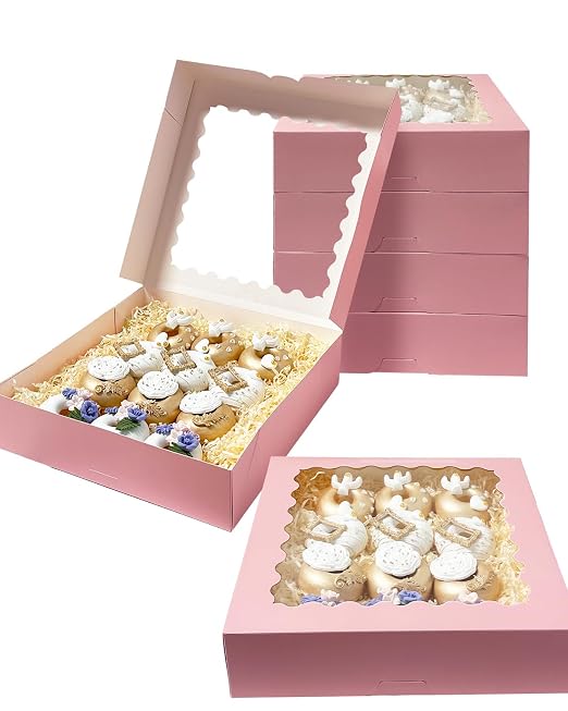 Bakepacker 20pcs Pink Pie Boxes 12x12x3 inches Easy Assemble Macaroon Cookie Boxes Bakery Boxes with Window for Bakery (Auto-pop Up)