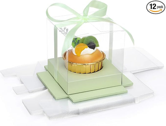 EUSOAR Cupcake Boxes, 12 Pcs 3.5 Inch Dessert Pastry Individual Cupcake Containers Transparent with Ribbon, Clear Muffins Gift Holder Disposable Cake Carrier for Wedding Party Favor Bakery-Light Green