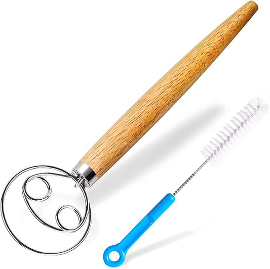 Danish Dough Whisk Large Bread Mixer 13 Inches Premium Stainless Steel Whisk Traditional Dutch Style Bread Making Tools, Whisking Tool with a Cleaning Brush