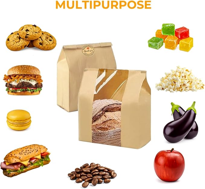 100 Pack UPGRADED THICKEST Brown Paper Bread Bags for Homemade Bread Large Sourdough Bread Bags 13.7"x8.3"x3.5" with TIN TIE LOCK & Clear Window, Rigid Bakery Bags with 100 “Thank You” Seal Stickers