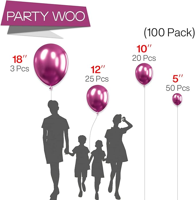 PartyWoo Metallic Hot Pink Balloons 100pcs Different Sizes of 18 12 10 5 Inch Chorme Dark Pink Magenta Fuchsia Balloon Arch Kit Garland for Wedding Birthday Baby Shower Party Decorations Pink-G114
