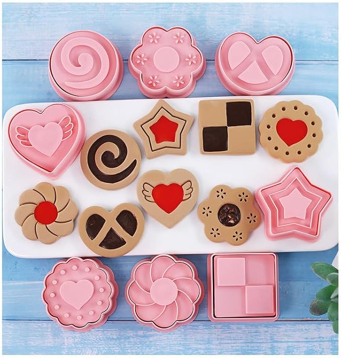 8 Pcs Jam-Filled Sandwich Cookie Cutter Set 3D Heart Star Flower Pressable Embossing Cookie Stamps with Plunger for DIY Baking Kitchen Bakeware Tool Biscuit Fondant Party Supply Cracker Pie