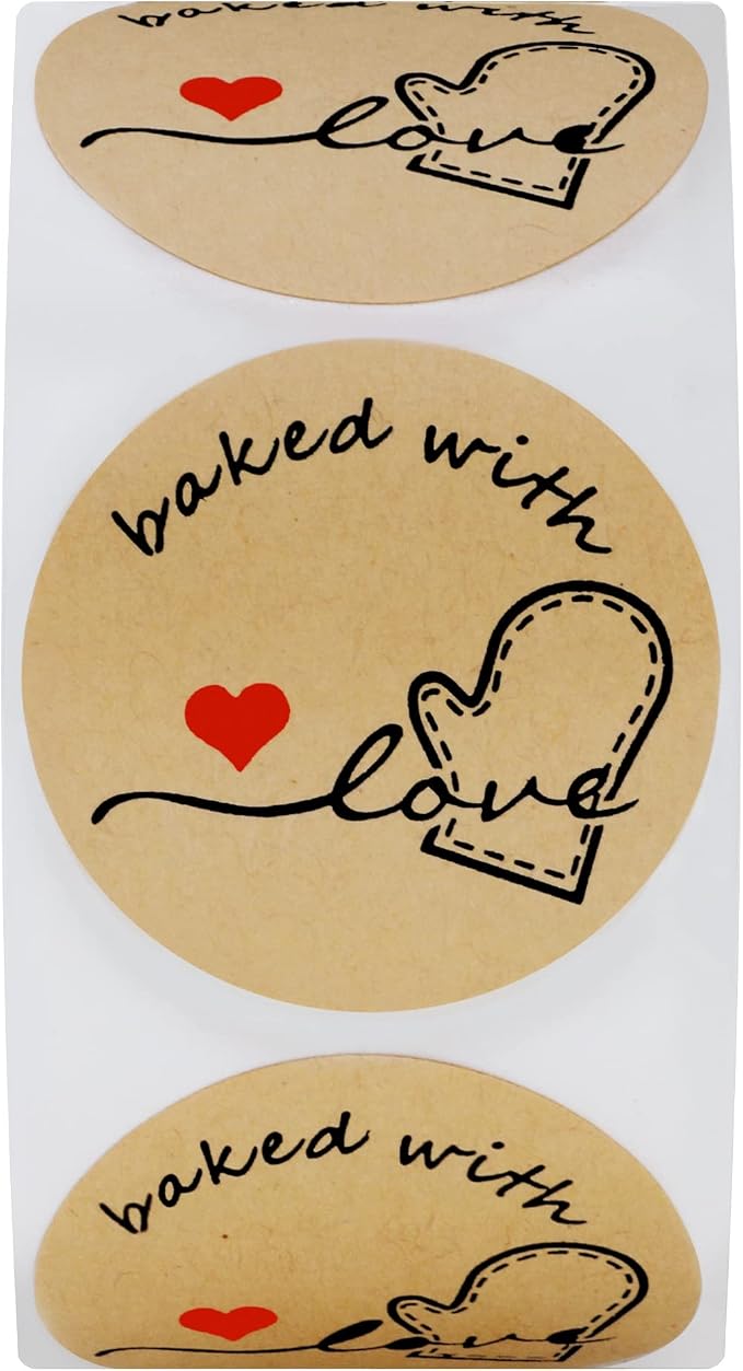 Hybsk Rustic Baked with Love Stickers with Wreath Around 1.5" Inch Round Total 500 Adhesive Labels Per Roll(Kraft)