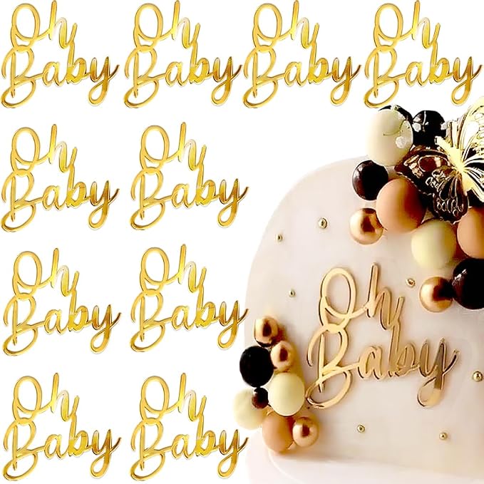 Oh Baby Cake Topper, 10pcs Acrylic Cake Toppers Oh Baby Sign Cupcake Toppers Cake Decorating Supplies Kit Cupcake Topper Mirror Gold Birthday Decorations for Boys Girls Birthday Party Supplies