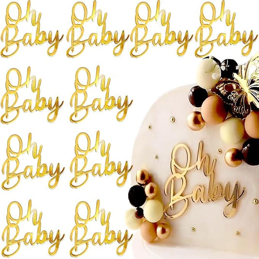 Oh Baby Cake Topper, 10pcs Acrylic Cake Toppers Oh Baby Sign Cupcake Toppers Cake Decorating Supplies Kit Cupcake Topper Mirror Gold Birthday Decorations for Boys Girls Birthday Party Supplies