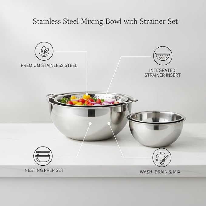 Stainless Steel Mixing Bowl Set with Nested Strainer, 2-in-1 Prep Basin for Washing, Draining, and Mixing