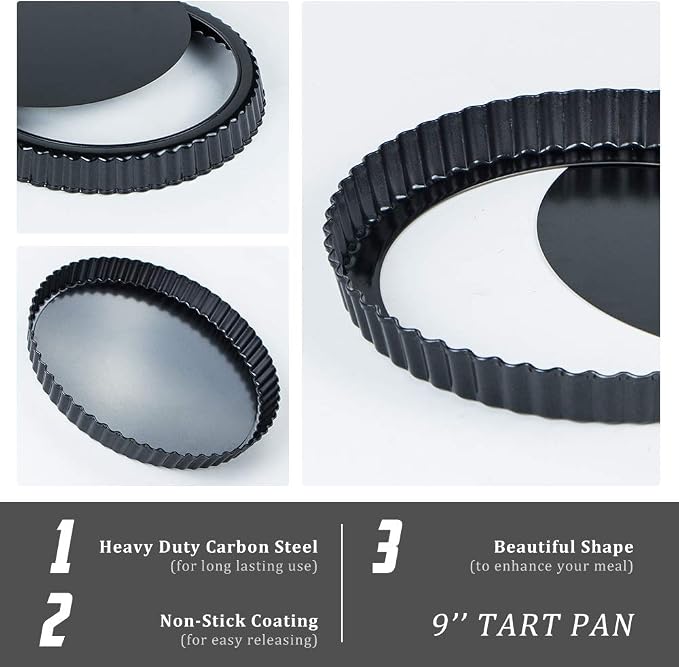 Webake 9 Inch Round Tart Pan with Removable Loose Bottom, Non-stick Carbon Steel Fluted Flan Quiche Pan Large Tart Tin