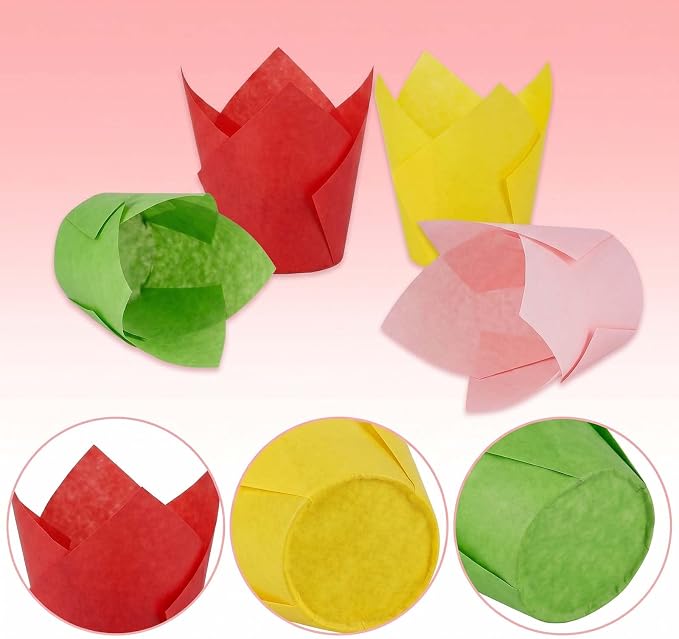 200 Pcs Tulip Cupcake Liners for Baking, Yellow Pink Red Green | Standard Greaseproof Tulip Muffin Liners for Baking, 3oz Paper Cupcake Wrappers for Party Wedding Birthday