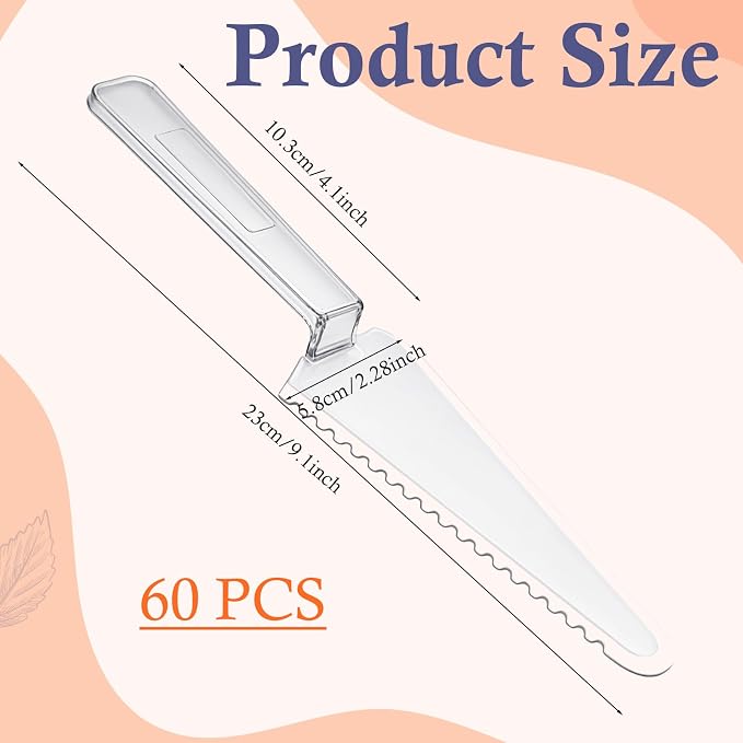60 Pcs Disposable Plastic Cake Cutter, 9 Inch Cake Pie Cutter Plastic Spatula Cake Server Cutting Knives Pizza Pastry Slicer Serving Utensils for Kitchen Wedding Buffet, Clear