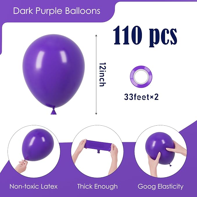 Voircoloria 110pcs Dark Purple Balloons 12inch Deep Purple Latex Party Balloons for Halloween, Graduation, Wedding, Birthday, Baby Shower, Anniversary, Valentine's Day Party Decorations