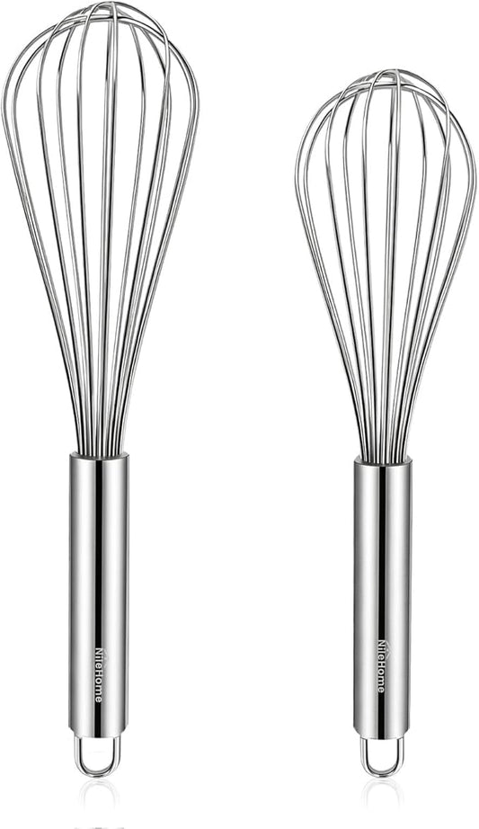NileHome Whisk, Stainless Steel Wisk Set 8" 10" Kitchen Whisk Wisking Tool Kitchen Wisk Wire Whisks for Cooking, Whisking, Blending, Beating, Stirring-…