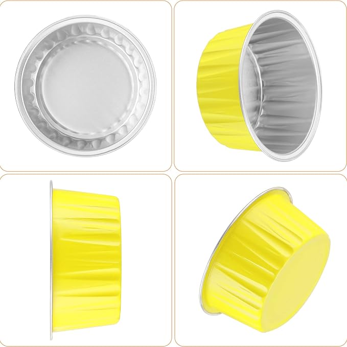EUSOAR Disposable Ramekins with Lids, 50pcs 5oz Aluminum Foil Baking Cups Foil Creme Brulee Pans Muffin Liners, Oven Safe Dessert Containers Cupcake Holders Pans Yellow