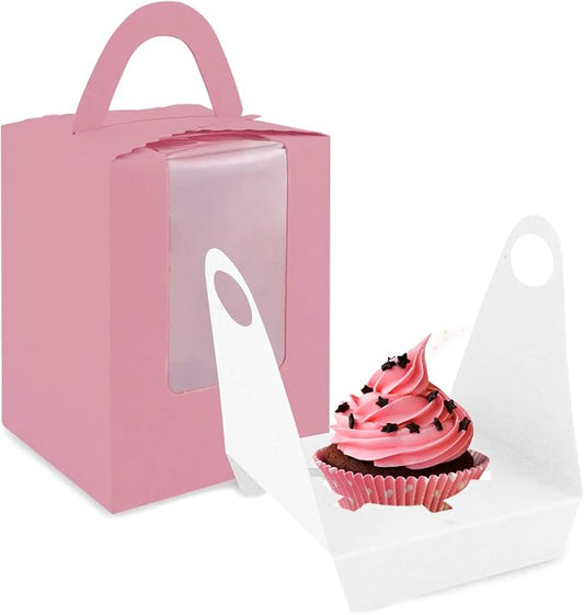 Pink Cupcake Boxes, 30 Pack - Clear Window Inserts, Handle - Muffin & Pastry Containers