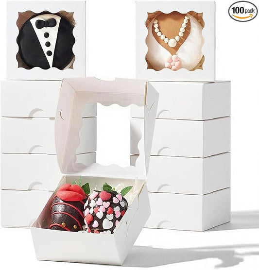 3.2x3.2x1.5 Inches 100PCS Chocolate Truffle Boxes Mini Bakery Boxes with Window for Cookies,Soap,Donut, Macaron,Brownie(White)