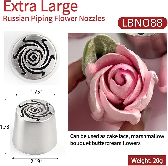 Extra Large Russian Piping Tip Set - 6 Stainless Steel Marshmallow Buttercream Framing Nozzles for 3D Roses Tulip Cake Decorations and Marshmallow Bouquets, Includes 1 Cleaning Brush(6I)