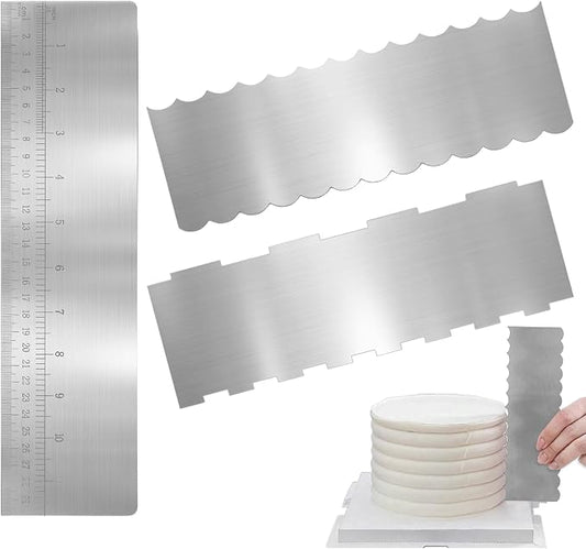 Stainless steel cake spatula, 3-piece set, includes 2 x 8.6-inch double-sided patterned spatulas and 1 x 12-inch stainless steel cake spatula with measurements — suitable for mousse cream frosting.