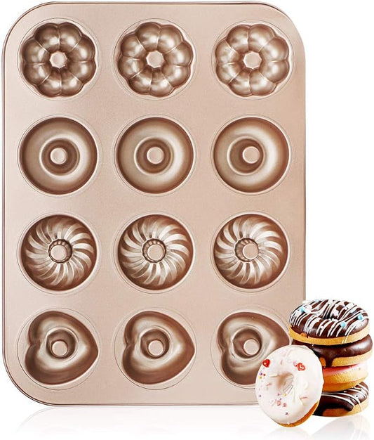 Beasea Donut Baking Pans, 1 Pack Nonstick Small Mini Doughnut Pans 12 Cavity Carbon Steel Bagel Oven Baking Tray Sheet
