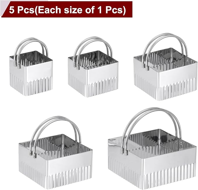 HARFINGTON 5 Pieces Square Biscuit Cutter with Handle Set Stainless Steel Cookies Dough Cutter Tool with Fluted Edge for Kitchen Baking Cake