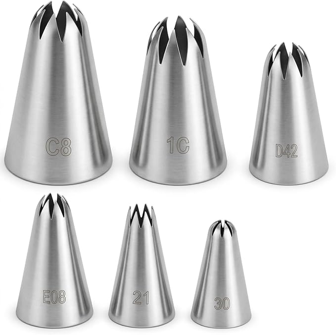 6 Pcs Piping Tips Set, 30, 21, E08, D42, 1C, C8 Stainless Steel Icing Tip Decorating Tips for Cookies, DIY Cream Rose Flower, Cream Puffs, Swirl, Rosette, Cake Cookie Decorating