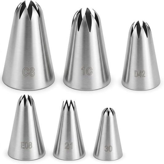 6 Pcs Piping Tips Set, 30, 21, E08, D42, 1C, C8 Stainless Steel Icing Tip Decorating Tips for Cookies, DIY Cream Rose Flower, Cream Puffs, Swirl, Rosette, Cake Cookie Decorating