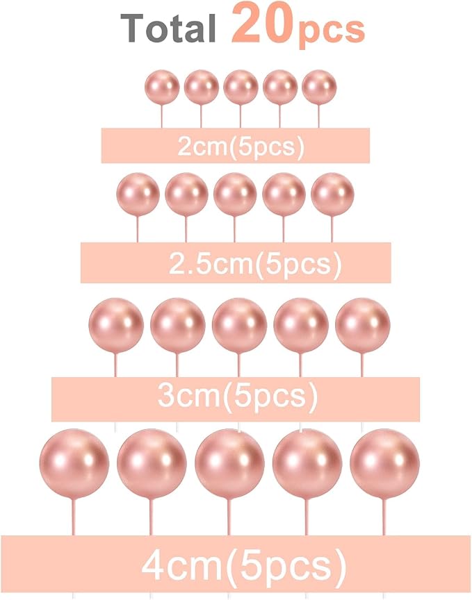 ASTARON 20 Pcs Ball Cake Topper Decorations Mini Balloons Cake Topper Sticks Rose Gold Balls Cake Picks Cake Topper Balls Cake Decorations for Wedding Birthday Cake Decorations