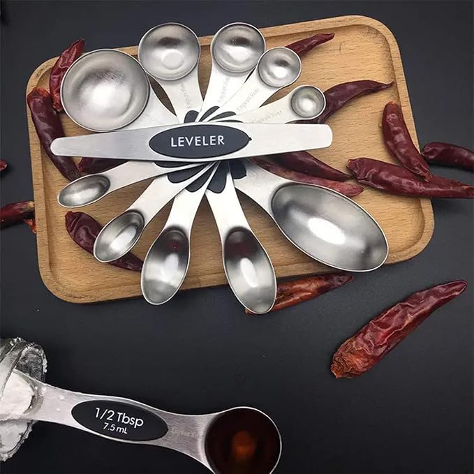 Set of 7 Stainless Steel Magnetic Measuring Spoons Set with Leveler - Stackable Tablespoon Measure Spoon for Baking and Cooking, Kitchen Gadgets for Apartment Essentials (Black)