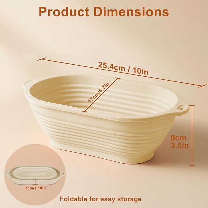 4 Pcs Upgraded Silicone Banneton Bread Proofing Basket with Handles - Reinforced Rim Support, 10" Oval Foldable Bowls for Sourdough Bread Baking, Oven & Dishwasher Safe-BPA Free