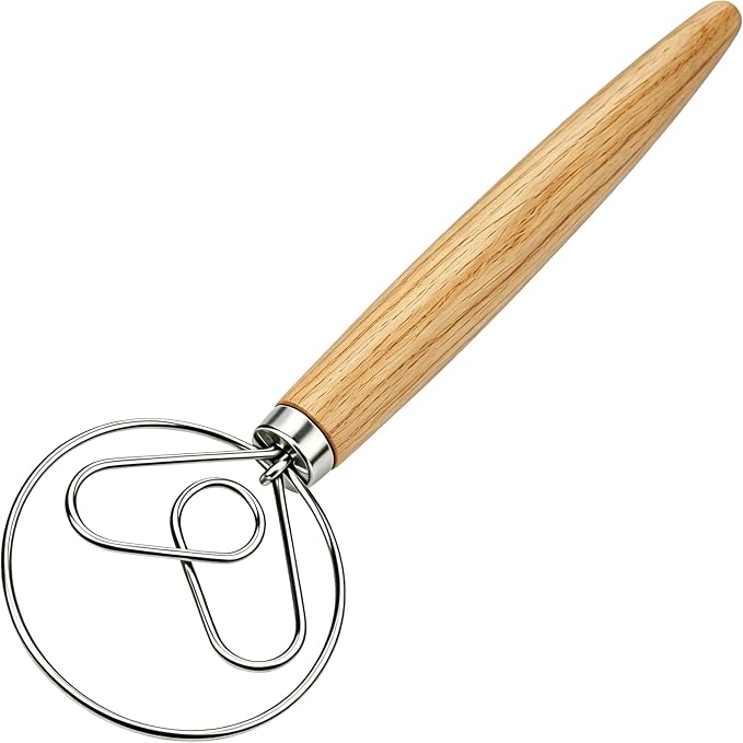 Danish Dough Whisk with Dough Hook Stainless Steel Wooden Handle for Sourdough Bread Baking Dough Mixing