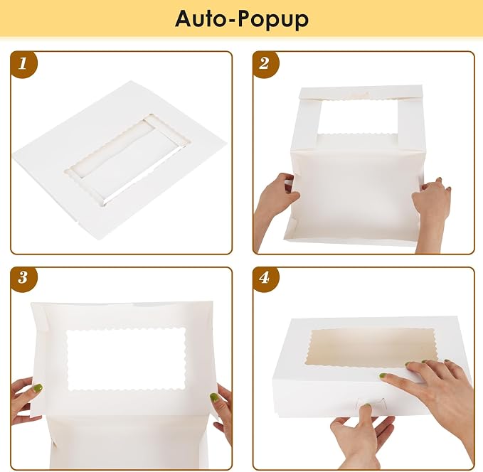 Moretoes 48pcs Auto-Popup Treat Boxes, 12x8x2.5 Inches Cookie Boxes with 3 Style Window, for Chocolate Covered Strawberries,Muffins, Donuts, Pastries (White)