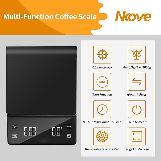 NKOVE Digital Coffee Scale with Timer, 3kg/0.1g High Precision Espresso Scale, Tare Function, 99‘59“ Max Count-Up, 3 Units (g/oz/ml), Battery Powered, Waterproof, Backlit LED for Pour Over & Espresso