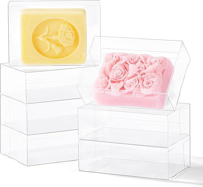 JCXGRVC 40 Pack 3.5"x2.36"x1.2" Clear Plastic Soap Boxes for Homemade Soap Small Dessert Gift Bakery Boxes for Macarons, Cookies & Candies, Wedding & Birthday Party Favors