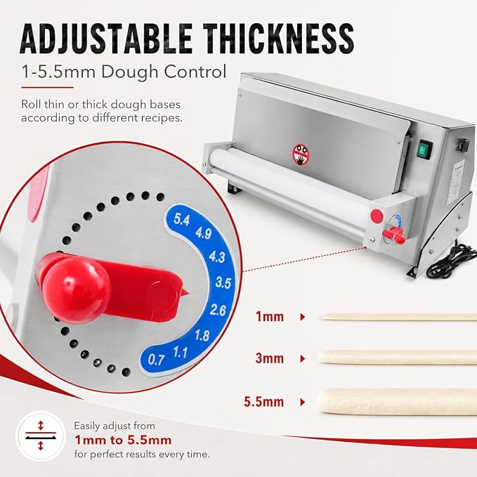 Pizza Dough Roller, 3-18" Automatic Dough Sheeter, 110V 450W Electric Pizza Press Making Rolling Machine - 1-5.5mm Thickness Adjustable for Making Fondant Cakes, Pizza Bases, Crusts