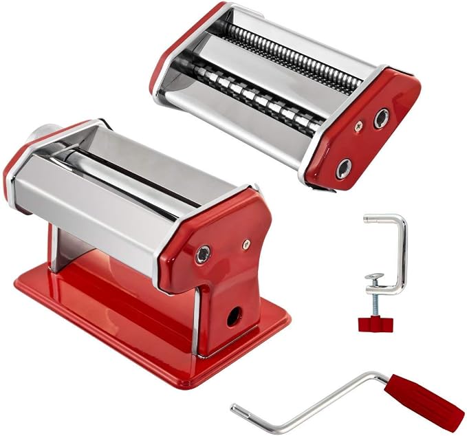 Stainless Steel Manual Pasta Maker Machine | With Adjustable Thickness Settings | Perfect for Professional Homemade Spaghetti and Fettuccini | Includes Removable Handle and Clamp (Red)