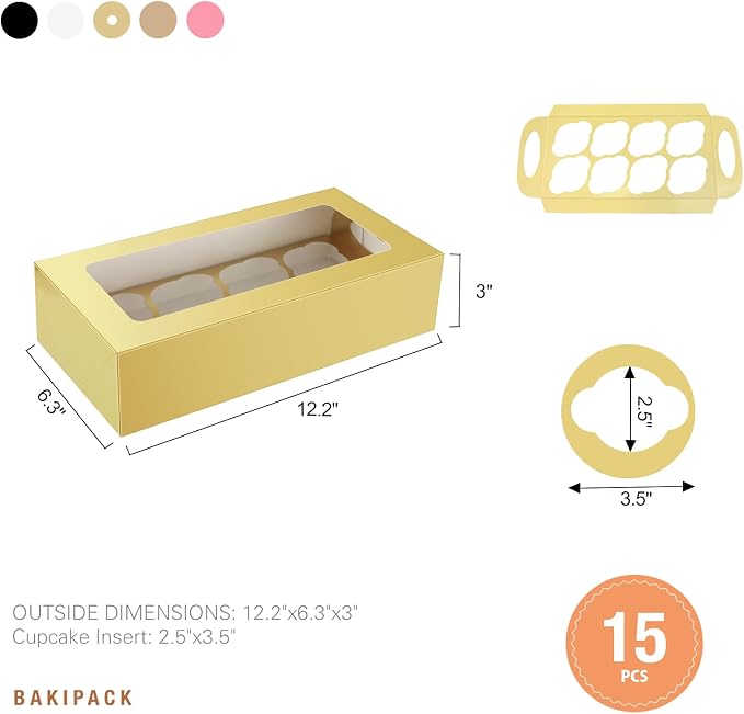 15 Gold Cupcake Boxes 8 Count with Window and Inserts, Cupcake Containers, Cupcake Holder, Muffin Boxes, Treat Boxes for Any Sweets
