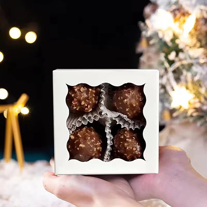 RomanticBaking 3 ¼" x 3 ¼" x 1 ½" 50PCS Chocolate Truffle Boxes for 4，Cookies Boxes Mini Bakery Boxes with Window for Brownie,Soap,Donut