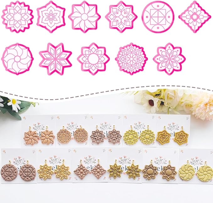 Xaekicr 11 Pcs Mandala Polymer Clay Cutters - Geometric Flower & Boho Shape Jewelry Making Tools for Earrings, Pendants & DIY Crafts, Soft Clay Molds