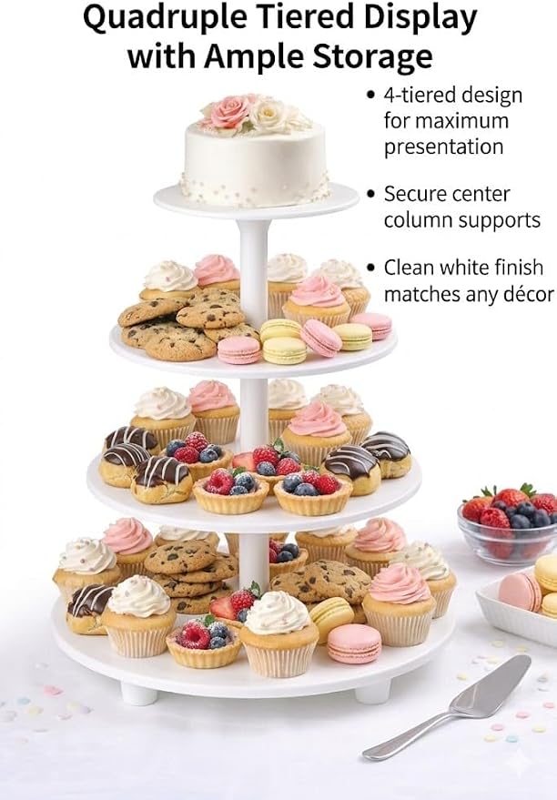 Oasis Supply 4-Tier Cake Stand – White Plastic Tiered Dessert Display Stand, Cupcake Stand for Cakes, Cupcakes, Weddings, Parties & Dessert Table Decorations