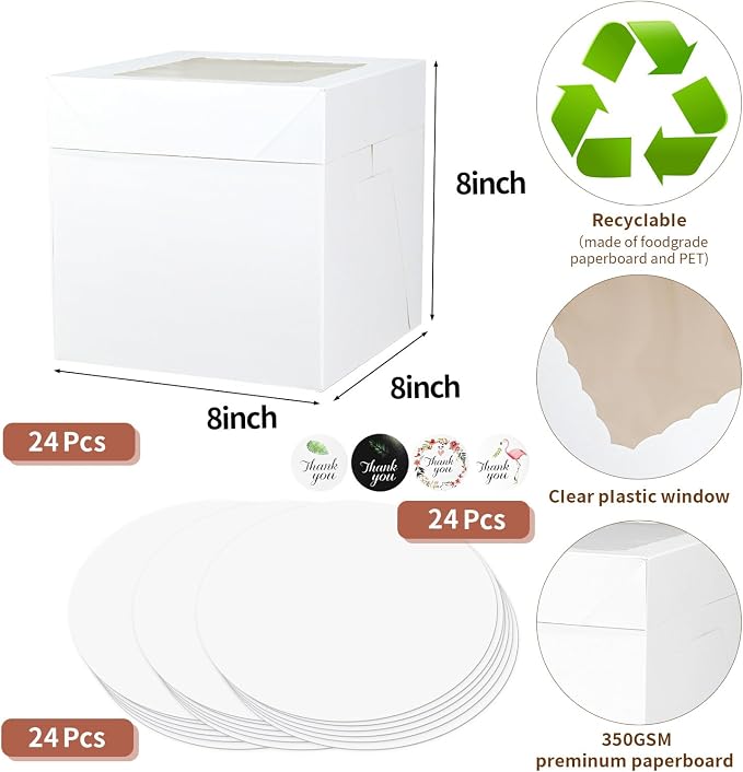 48pcs 8x8x8 Inches Cake Boxes,24pcs White Bakery Boxes with Window and 24pcs Boards,Cajas storage for 8 inch Cake box, Disposable Pie Box, Father's Day,Wedding, Birthday, Party