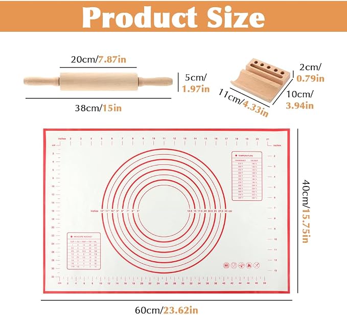 Wood Rolling Pin with Silicone Baking Mat Wood Base, Non Stick Surface Dough Roller with Handle, Fondant Roller Beech Rolling Pins for Baking Pizza Pastry Bread Cookies