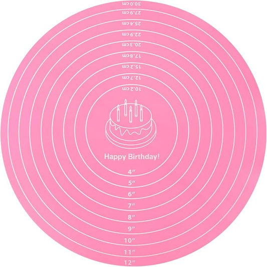 Silicone Baking Mat Cake Mat Round Silicone Baking Mat with Measurements for Cake Turntable Stand Pastry Baking Sheet, Non-Stick and Heat Resistant (Pink)