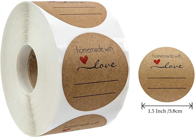 1.5 Inch Handmade with Love Stickers,500Pcs Thank You with Love Heart Sticker Baked Stickers Paper Lables Tags for Baking Packaging,Homemade Gift,Envelope Seals,Party Gift Wrap Bag (Brown02)