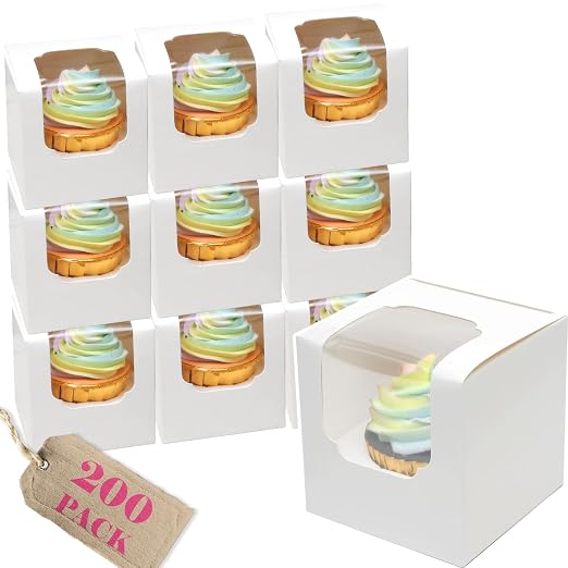 qiqee White Auto-pop up Cupcake Boxes Individual Cupcake 3.5x 3.5x 3.5inch 200pcs Single Cupcake Boxes