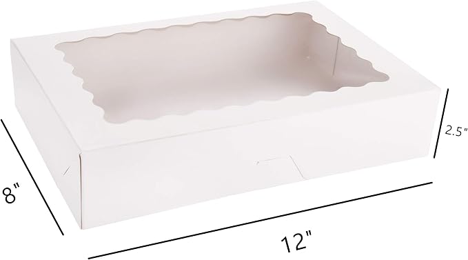 Tcoivs 20-Pack Bakery Boxes with Window, 12" x 8" x 2.5", Large White Cookie Boxes, Auto-Popup Treat Boxes for Pies, Cakes, Muffins, Donuts and Pastries