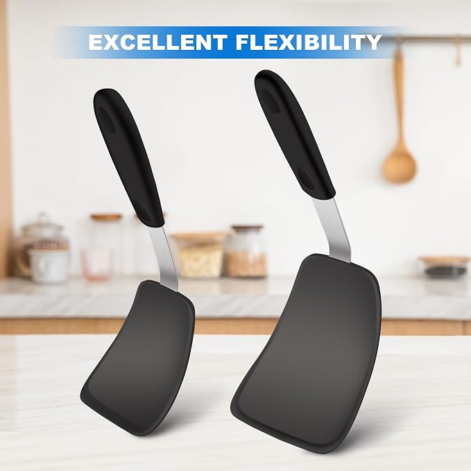 2 Pack Flexible Silicone Spatula Turner, Non Scratch Cookware Safe Cooking | Mepple 600°F High Heat Resistant Rubber Non-Stick Spatula, Ideal for Eggs, Burgers, Crepes, Fish Flipping and More,Black