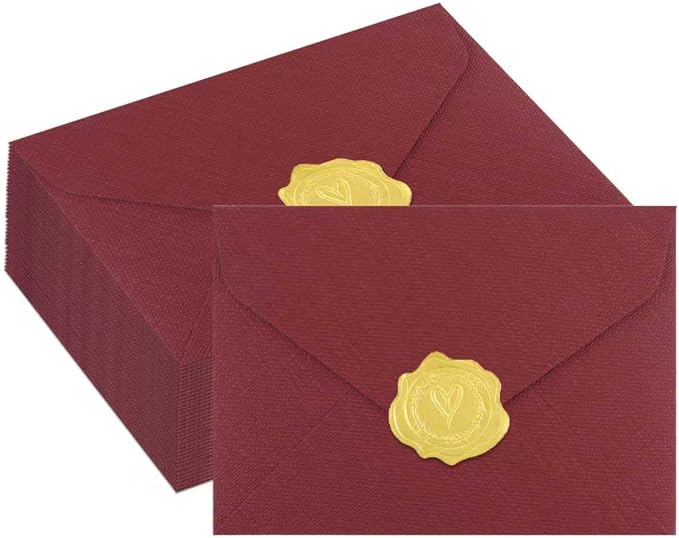 50 Pack 4x6 Crimson Linen Envelopes with Gold Wax Seals - Handmade Look A6 Vintage Envelopes & Self-Adhesive Seal Stickers for Greeting Cards, love letter, Wedding, Party Invitation