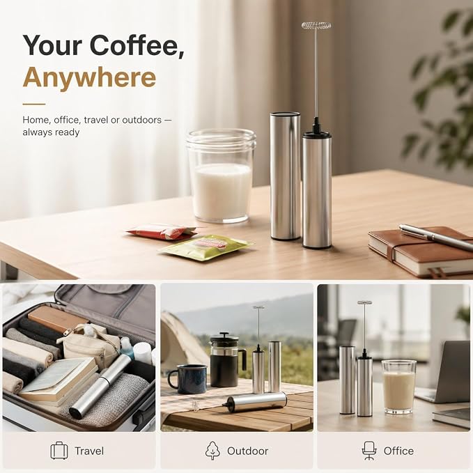 Rechargeable Milk Frother Handheld Electric Frother Wand Milk Foamer Drink Mixer for Coffee, Lattes, Cappuccino, and Egg, Stainless Steel for Travel-Silver