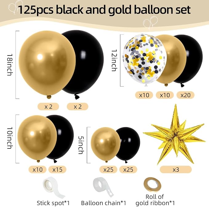 128Pcs Back to School Black and Gold Balloon Arch Kit, Explosion Star Black and Metallic Gold Balloons 18/12/10/5 Inch Balloons for Birthday Anniversary Retirement Wedding Graduation Decorations