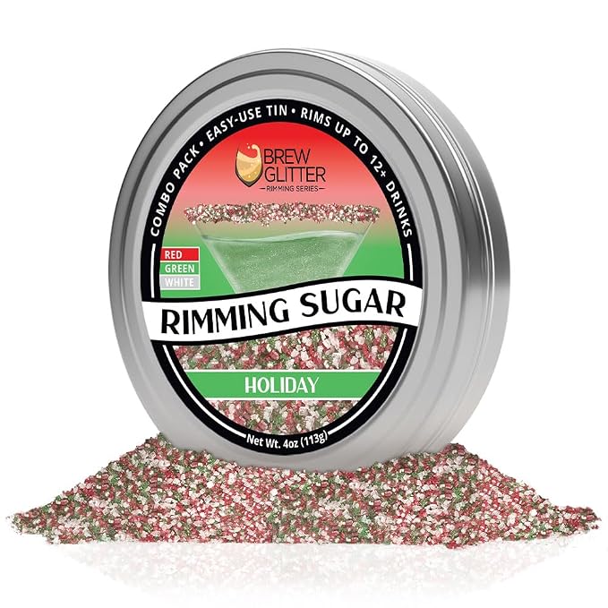 Brew Glitter - Red, Green & White Rimming Sugar (4oz, 1x Bar Tin) Cocktail Garnish for Mixed Drinks & Refreshments